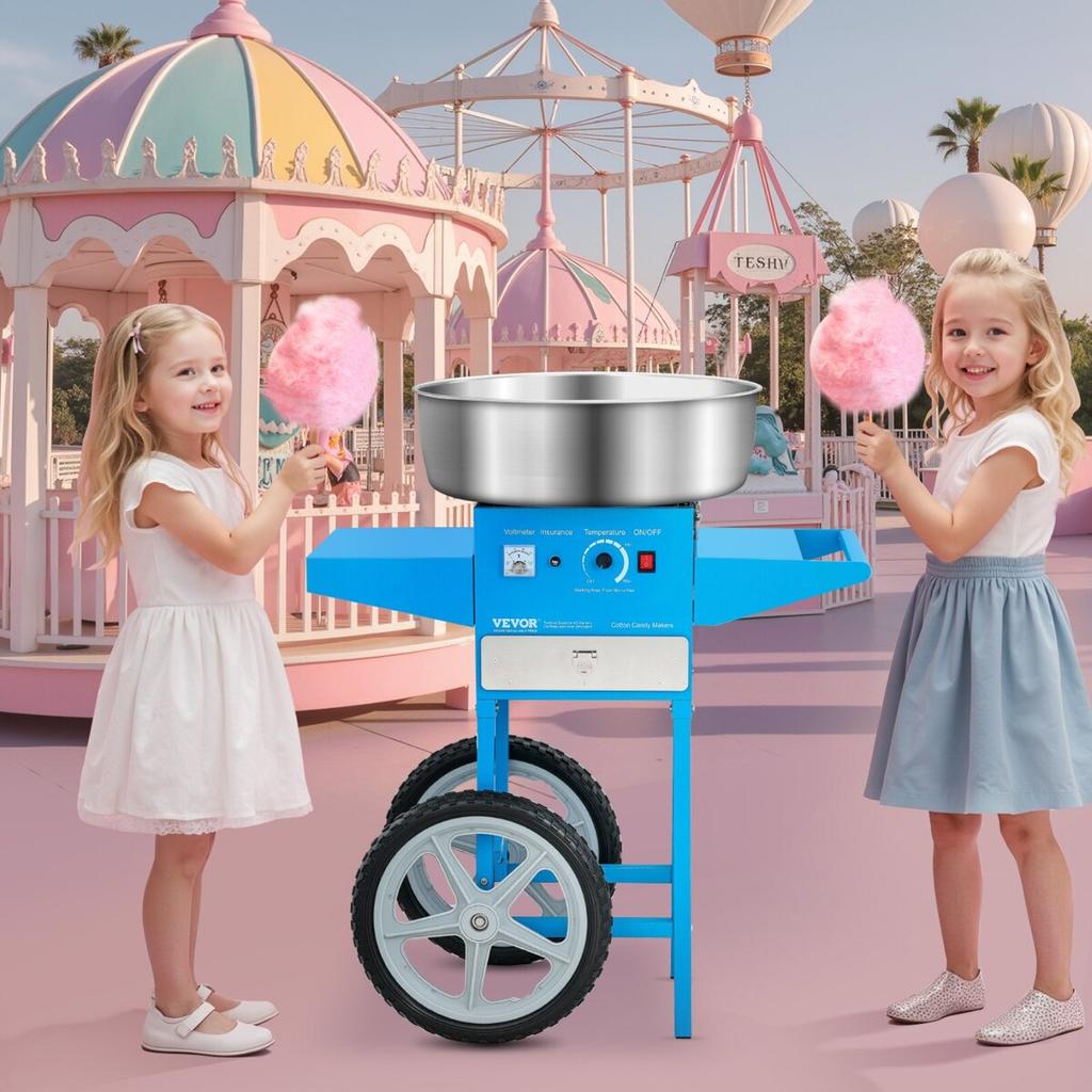 Commercial Cotton Candy Machine with Cart Sugar Floss Maker 1000W Blue