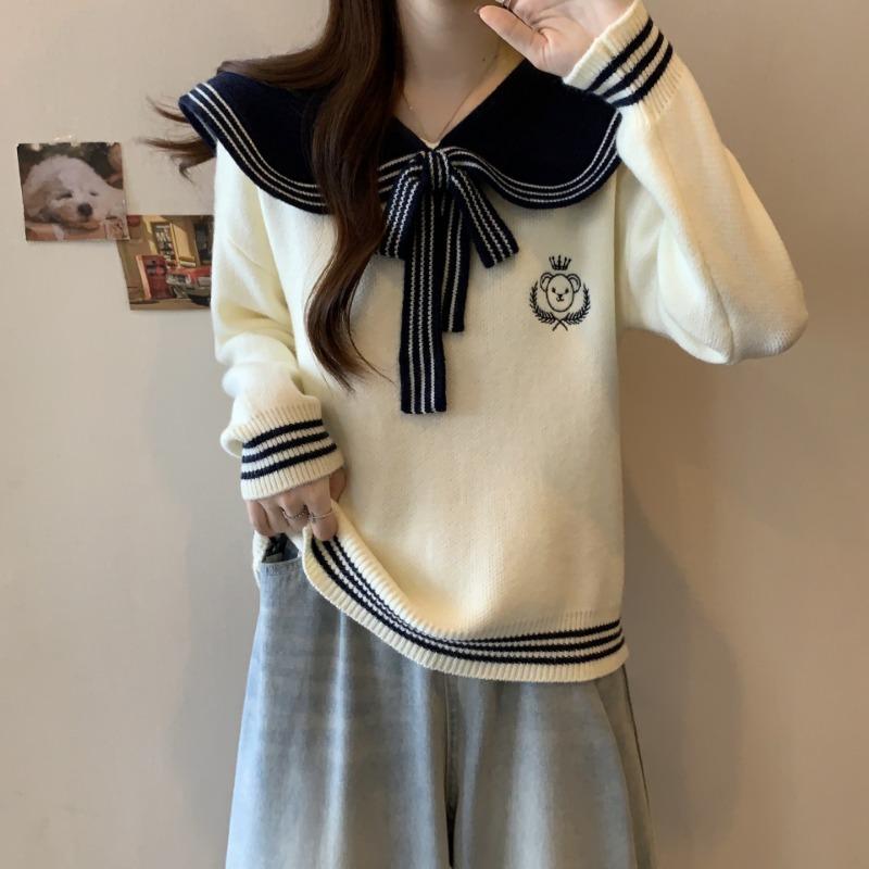 Осень и зима Матросский воротник Колледж Ветер Отдел Матросский воротник Маленький свежий дизайн Свободный Вязаный свитер с вышивкой медведя Волосы