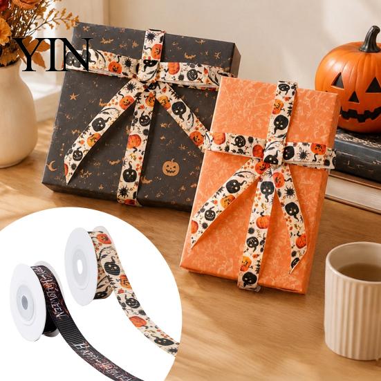 Festive Decorative Fabric Ribbon Halloween Ribbon, 5 Yards 5/8" Pumpkin Spider Web Printed Theme for Gift Wrapping, DIY Wreath Bow Crafts, Party