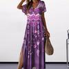 Retro Ethnic Style Summer Women Dress V Neck Short Sleeves Loose A-line Colorful Print Soft Beach Vacation Maxi Dress Ankle Length Side Split