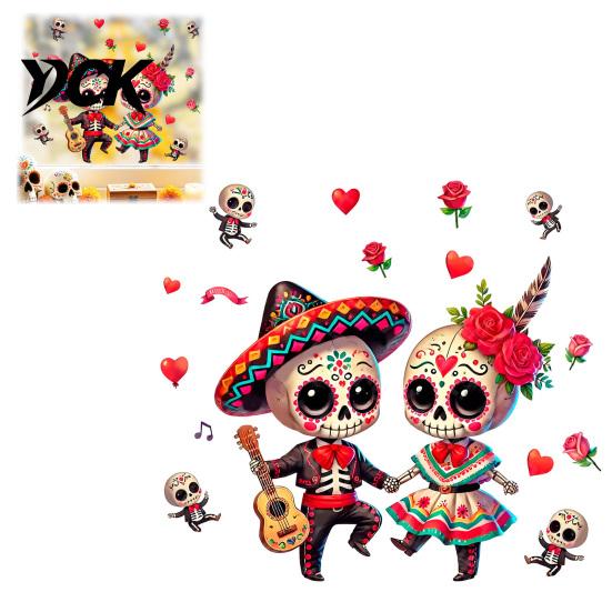 Easy Peel And Stick Murals Halloween Cartoon Skeleton Couple Window Stickers, Waterproof PVC Day of The Dead Static Decals, Traditional
