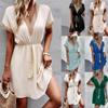 Women's Casual Summer Dresses Trimmed Short Sleeve V-Neck Tie Front Flowy Dress