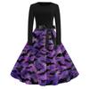 Women's Casual Vintage Halloween Print Dress Round Neck Long Sleeve Fit and Flare Retro Style Midi Dress with Waist Tie