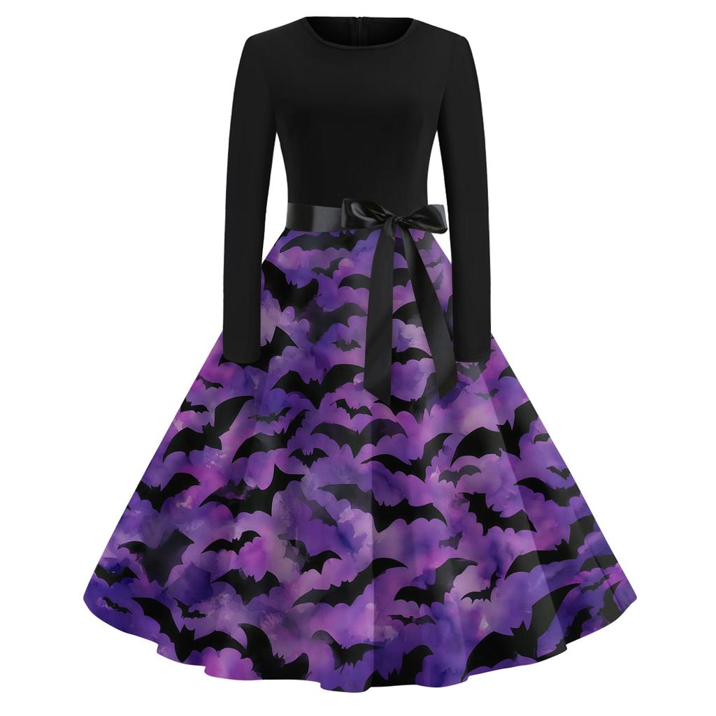 Women's Casual Vintage Halloween Print Dress Round Neck Long Sleeve Fit and Flare Retro Style Midi Dress with Waist Tie