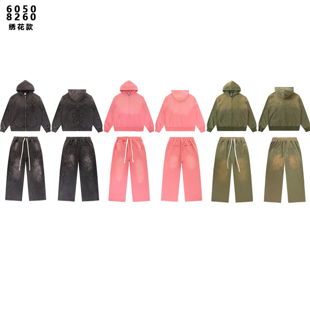 Cross-border trendy brand Vale retro printing washing water old coat cardigan high street casual hooded sweatshirt set