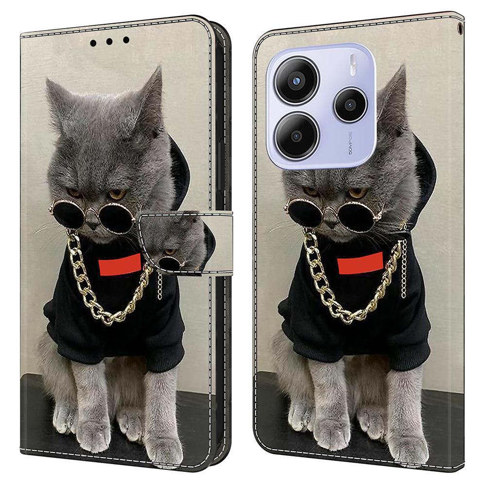 Для Xiaomi Redmi Note 14 4G (164,84мм) Кожаный чехол с принтом, кошелек-подставка, откидная крышка для телефона