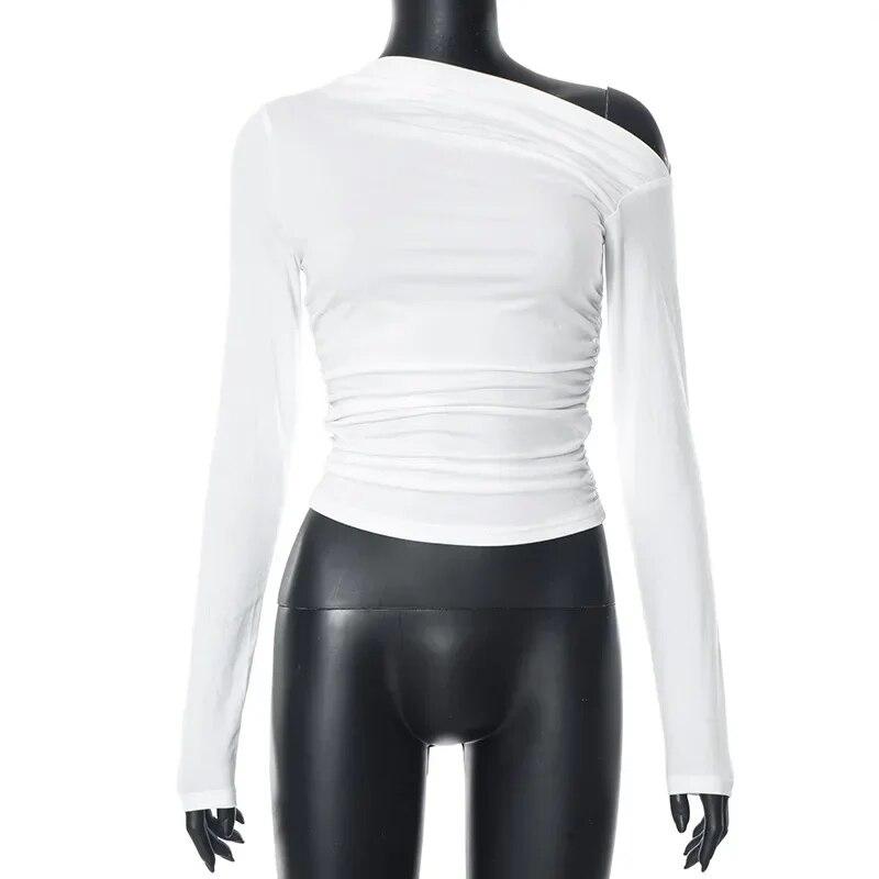 Осенняя однотонная футболка, модная женская повседневная плиссированная рубашка с длинными рукавами, сексуальные топы, женские мягкие футболки, женская одежда 29847