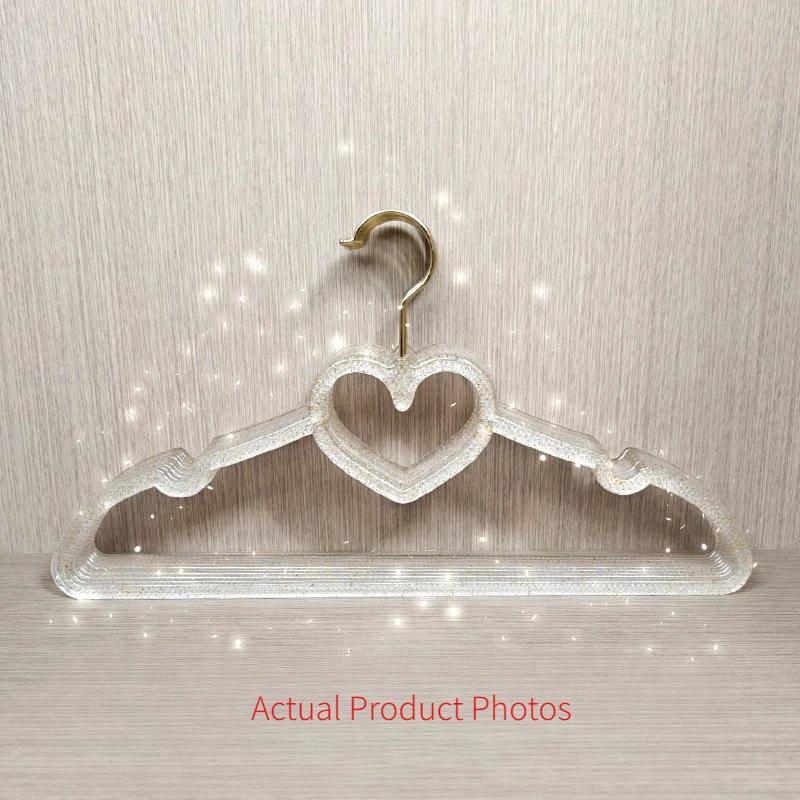 10-20Pcs Acrylic Glitter Hangers Cute Heart-Shaped No-Trace Clothing Rack with Non-slip Notch for Girls Clear Clothes Organizer