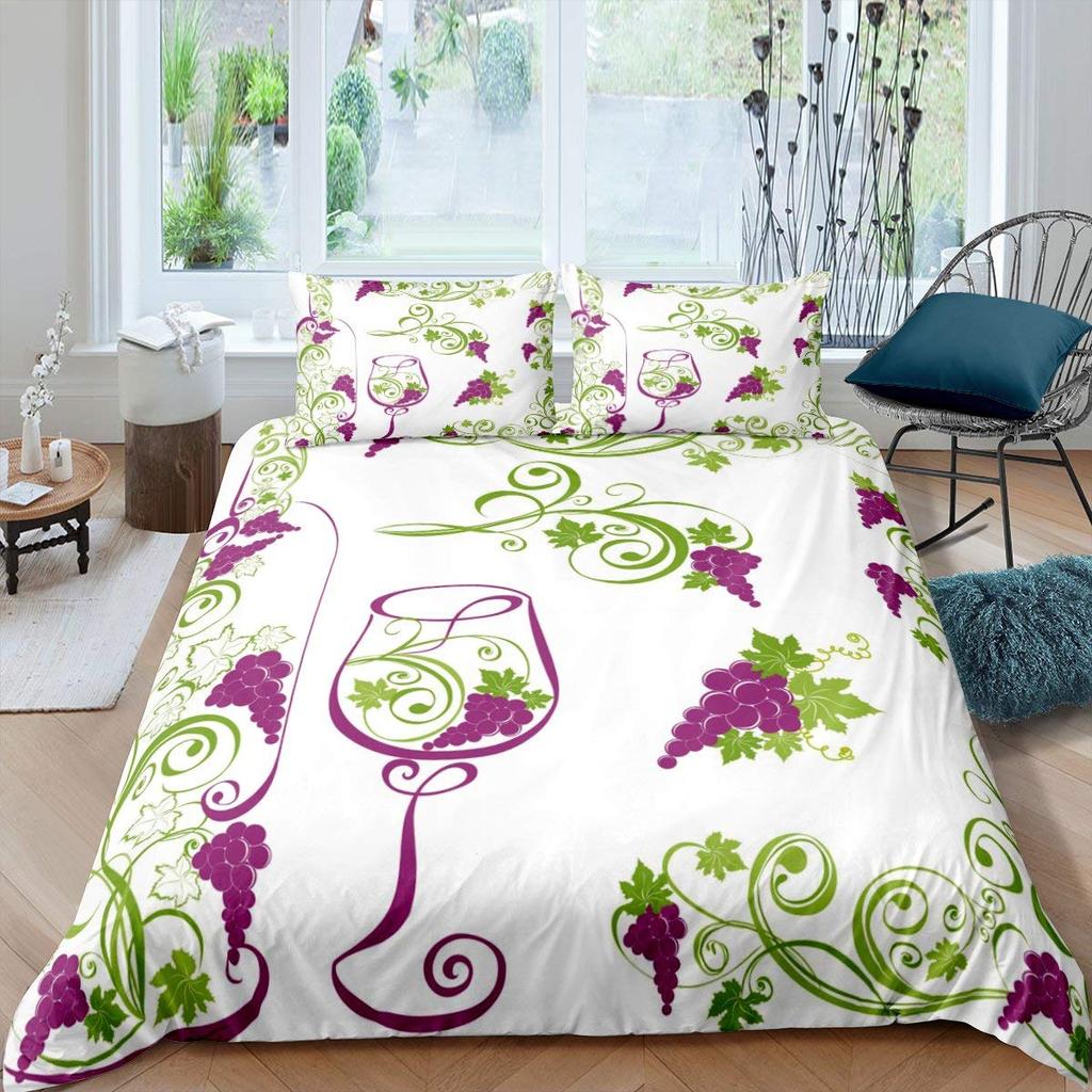 Purple Grape Comforter Cover Summer Fruit Duvet Cover Grapevine Leaves Plant Bedding Set Natural Garden Themed Quilt Cover