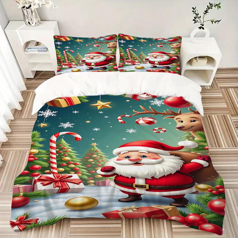 3pc Christmas Santa Claus Deer Home Bedding Set-Festive Decor for Bedroom,Guest Room,Living Room 1147a