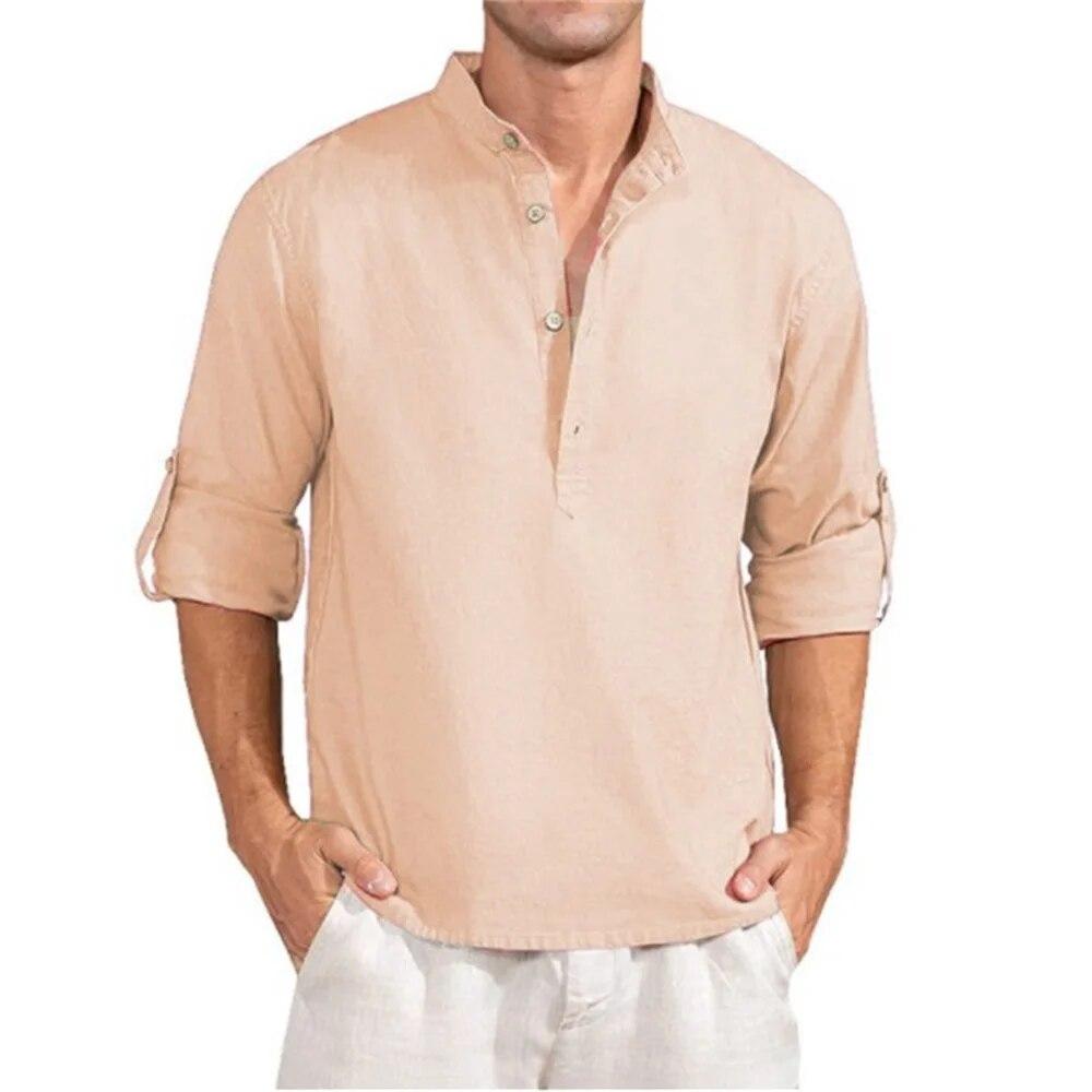 Весенне-летняя мужская льняная футболка с длинным рукавом, свободные однотонные топы, повседневная дышащая хлопковая льняная рубашка