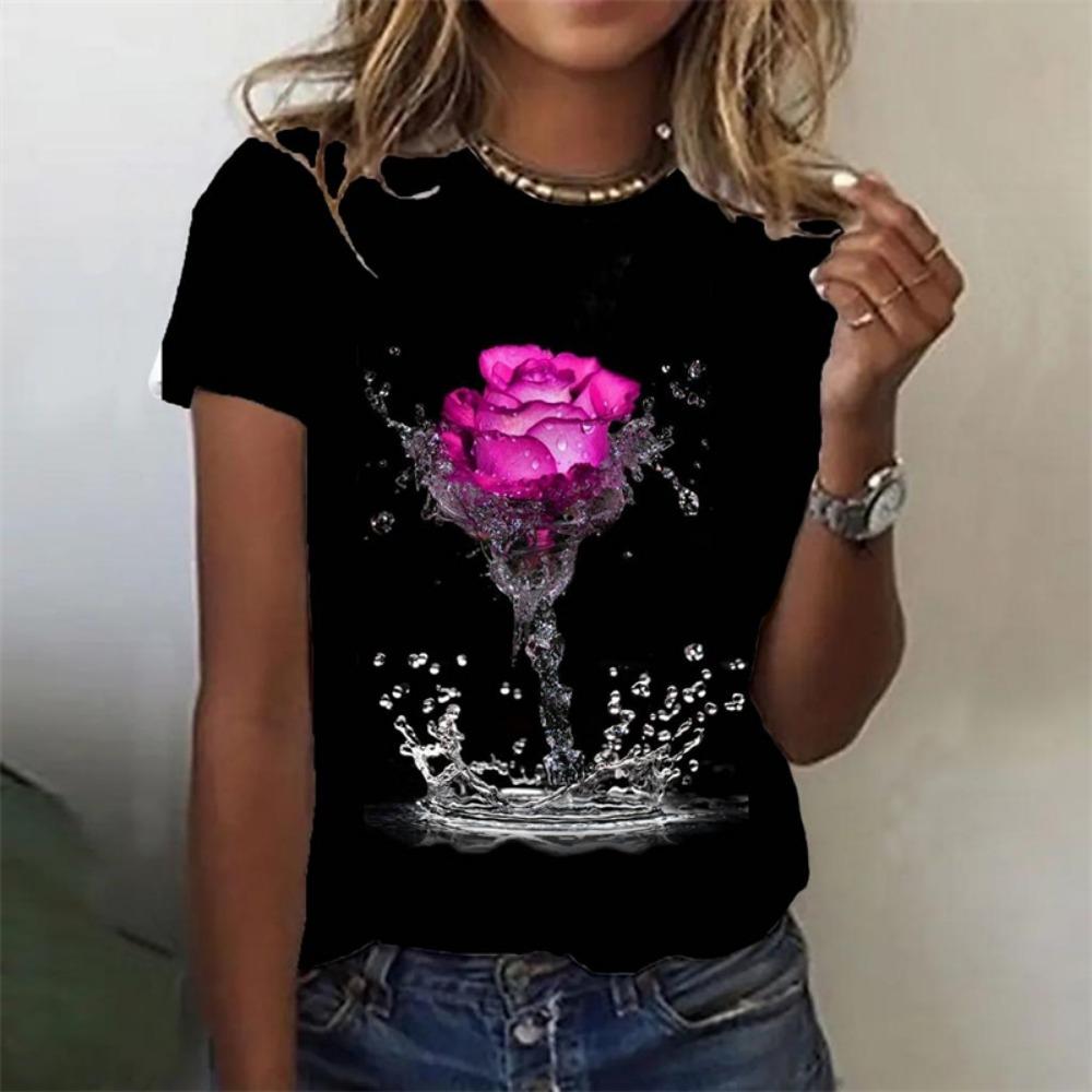 2024 Novelty 3d Roses Print Y2k Clothes For Women Summer Fashion Short Sleeve T Shirt Oversized Female Tops Casual Girls Tees