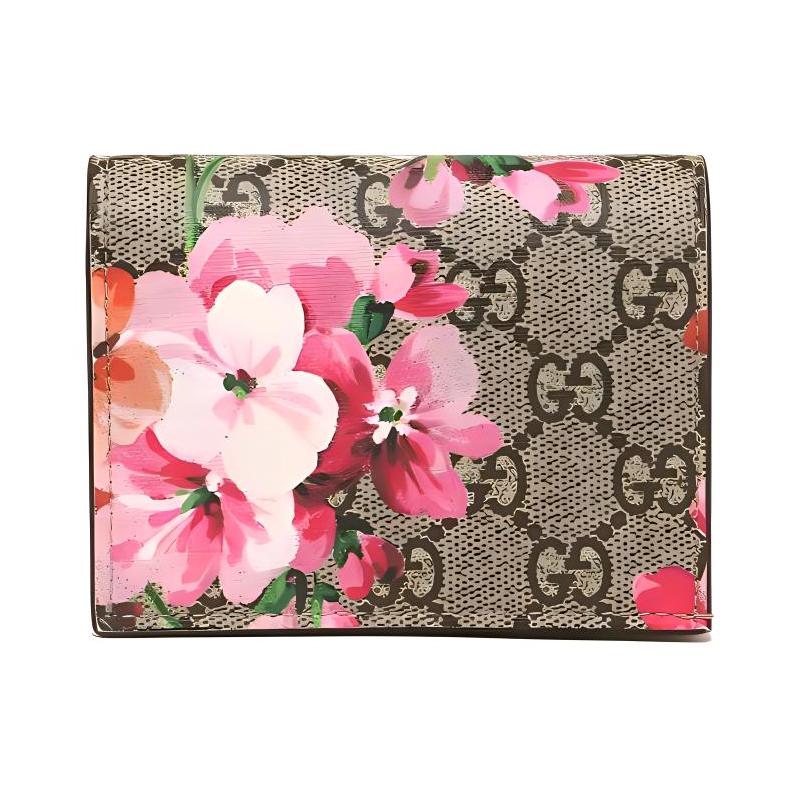 Gucci GG Blooms Логотип для пресбиопии Складывающийся пополам с клапаном Принт с геранью Без молнии Канва Патч Кожаный держатель для карт Кошелек Женский Эбеновое дерево/Розовый