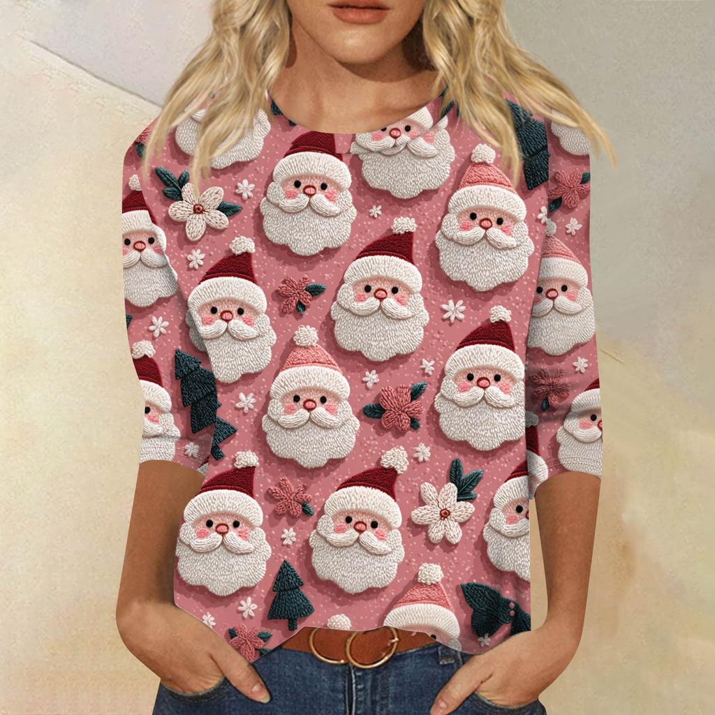 Women's Fashion Casual Round Neck 3/4 Sleeve Loose Printed T-Shirt Ladies Top