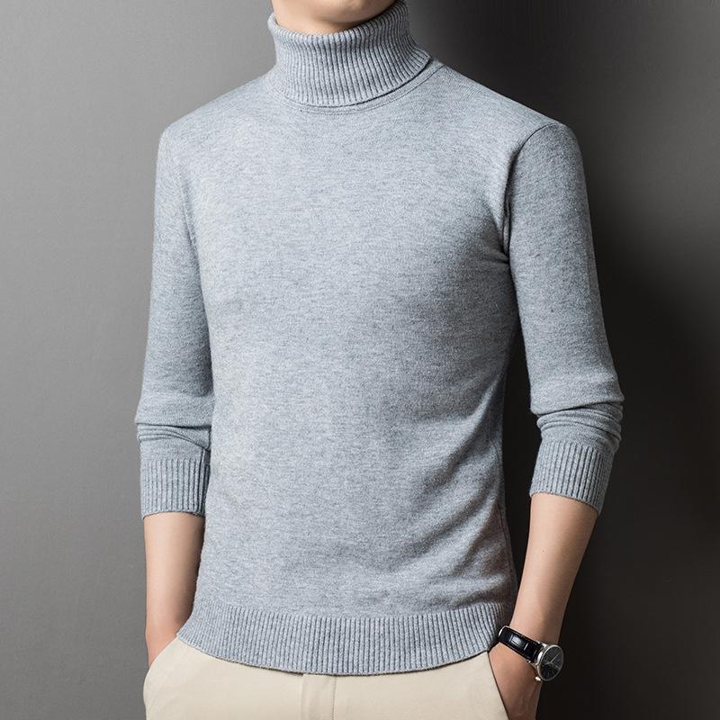 Осень и зима Новый водолазка двойной складки однотонный базовый молодежный свитер мужской вязаный свитер