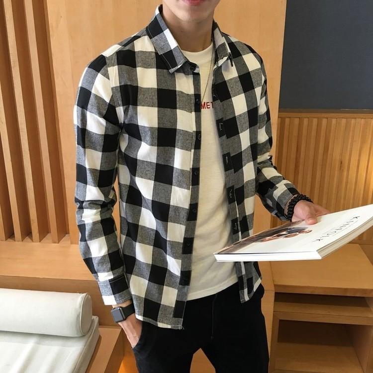 Мужская классическая клетчатая рубашка с длинным рукавом и клетчатым принтом, футболки с лацканами