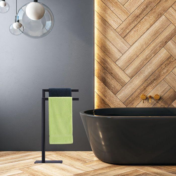 Relaxdays porte-serviettes autonome, 2 barres, support salle de bain, acier, HxLxP: 81 x 49 x 20 cm, noir