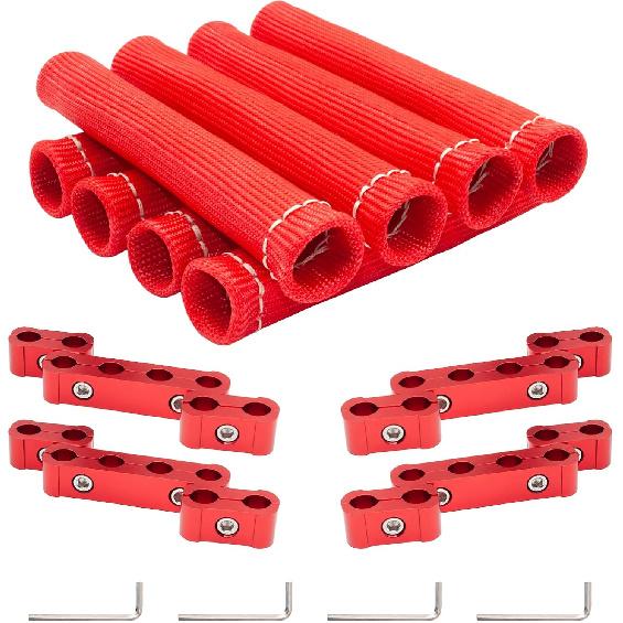 12pcs Spark Plug Wire Separator Divider & 8pcs Spark Plug Wire Boots Protector Heat Shield Sleeve, Aluminium Alloy Engine Spark Plug Wire Divider