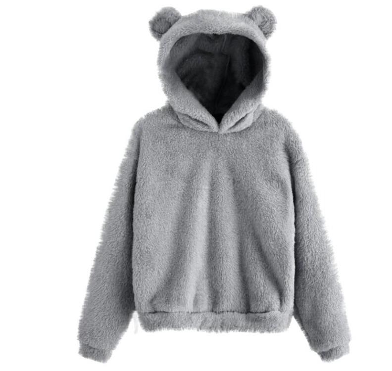 Women's Cute Bear Ears Plush Long Sleeve Hooded Sweatshirt Pullover Hoodies
