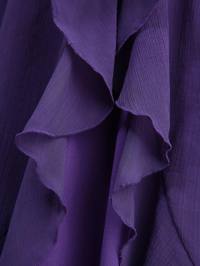 Rosegal Plus Size Cross Zipper PU Strap Buckle Chiffon Textured Flare Sleeves Ruffles A Line Dress