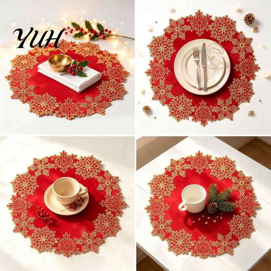 Winter Holiday Party Tableware Christmas Embroidered Placemat, Red And Gold Snowflake Table Dining Decor Mat, Heat Resistant Polyester Decorative Mat