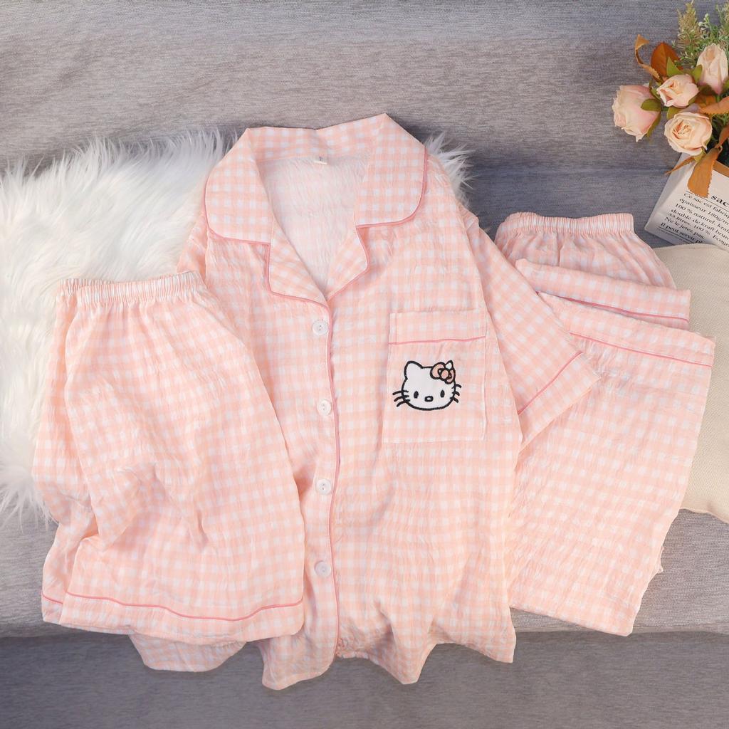 Cloud cotton pajamas women's summer short sleeves shorts trousers three-piece set sweet cartoon thin loungewear spot