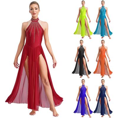 Женское современное лирическое танцевальное платье без рукавов с разрезом из прозрачной сетки балетное гимнастическое трико платье современная танцевальная одежда для выступлений