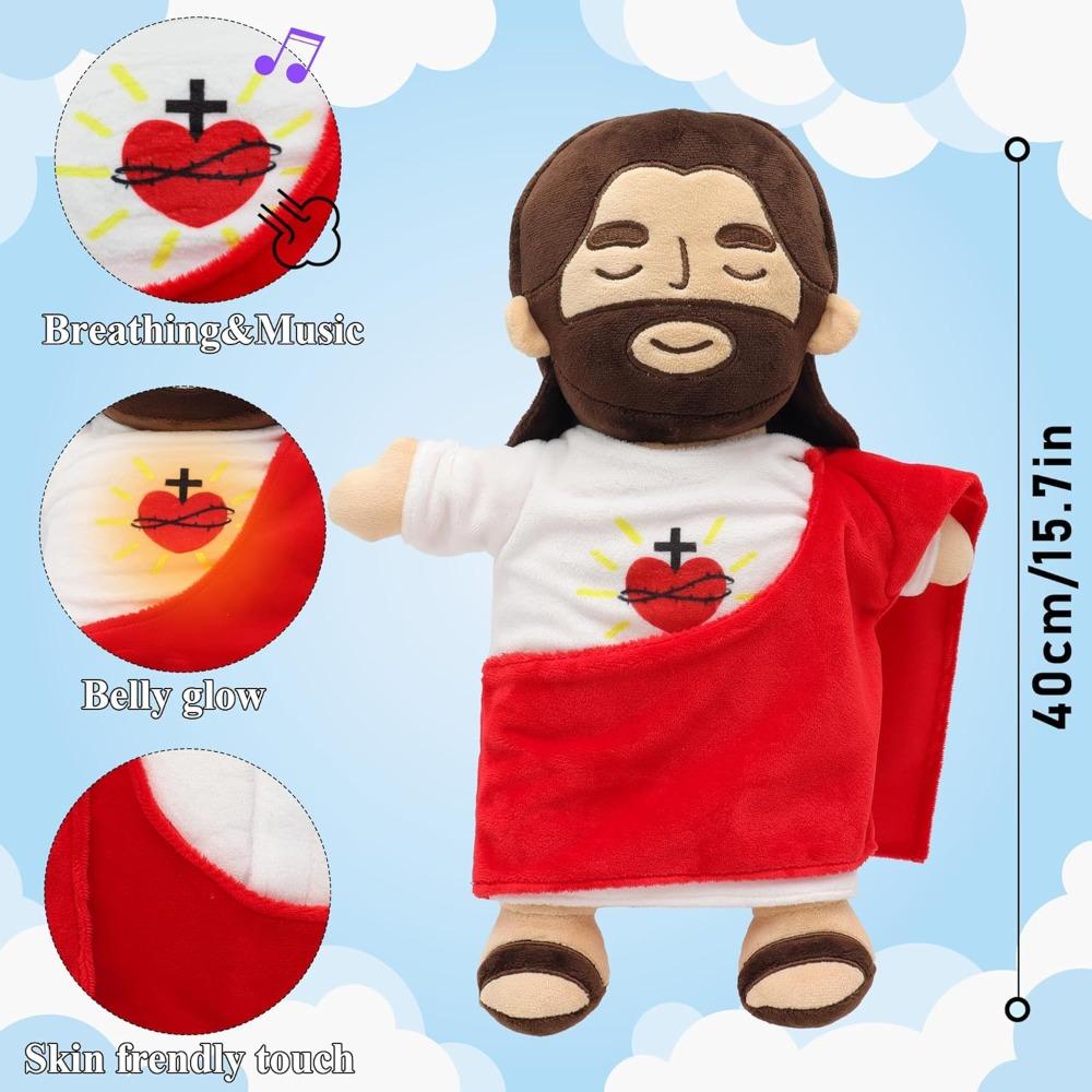 Breathing Jesus Plush Toy with 4 Modes Soft Sacred Heart Comfort Stuffed Animal Calming Gift for Kids Easter Christmas