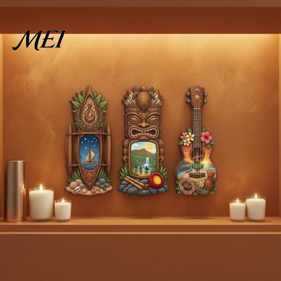 UV Printed Wall Decoration 3Pcs Hawaiian Tiki Wooden Hanging Sign, Tropical Surf Coastal Art, Exquisite Plaque for Home Bar Patio Decor & Holiday Gift
