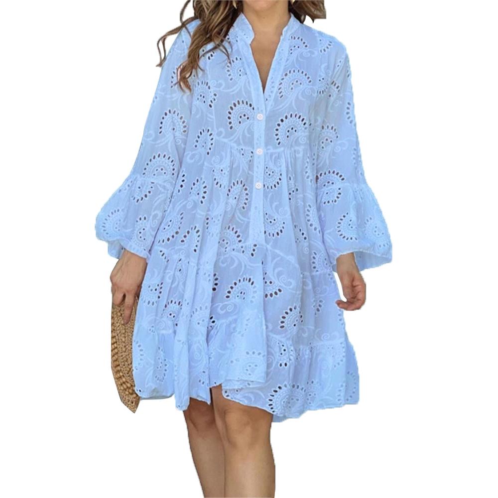Women Hollow Out Elegant Vintage Lace Shirt Dress,Loose Casual Flare Cocktail Dress For Women