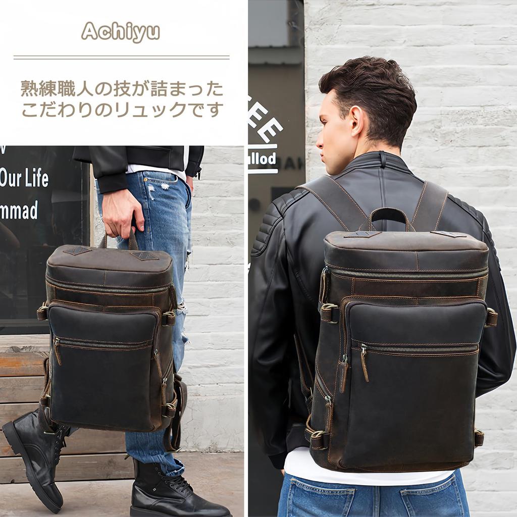 Achiyu Box-Shaped Genuine Leather Business Backpack, Cowhide Leather, Large Capacity, Fits 16-Inch Laptop, Multifunctional, Shockproof, Popular,