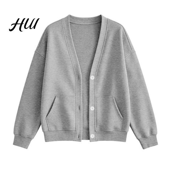 V Neck Cardigan Women Button Front V-Neck Cardigan, Solid Color Oversized Sweatshirt with Fall Winter Top Dual Pockets, Long Sleeve Casual Jacket for