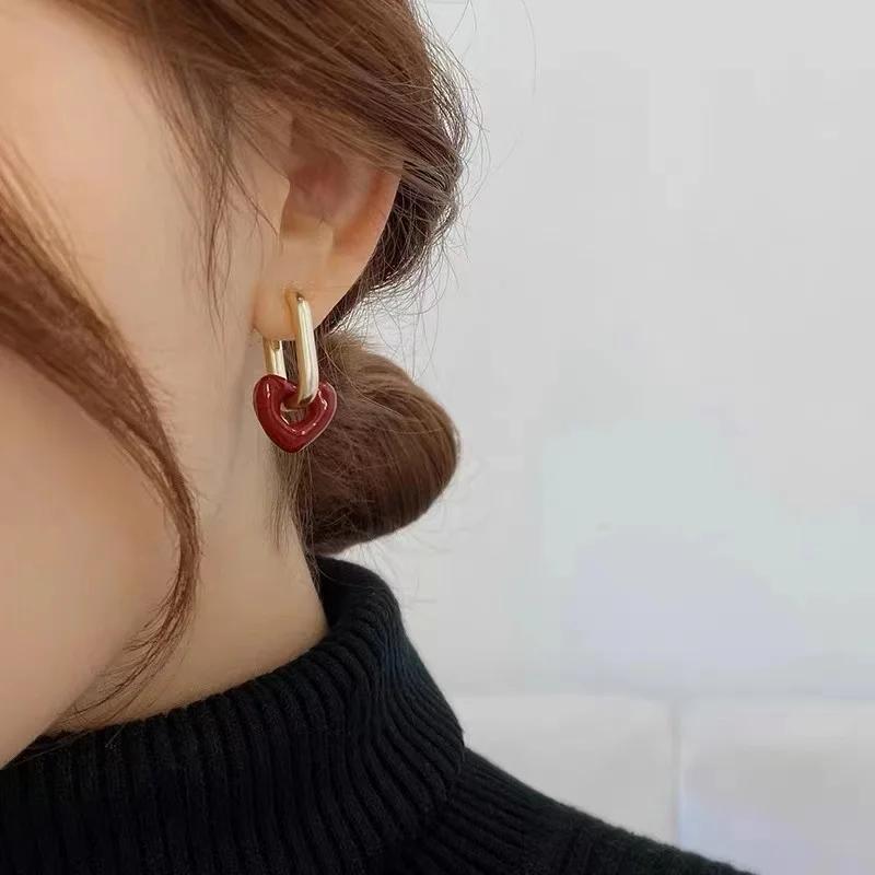French Retro Romantic Wine Red Heart Pendant Earrings For Women Wedding Party Girls Fashion Zircon Christmas Gift Accessories