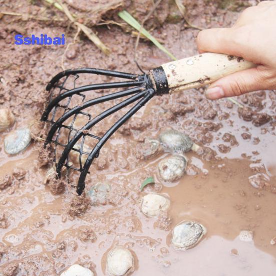 2 шт./компл., стальные грабли-моллюски с деревянной ручкой, сетчатый карман, ракушка для морепродуктов, инструмент для экскаватора, грабли-моллюски, пляжные аксессуары для зажима