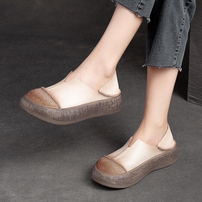 Johnature Туфли на платформе на плоской подошве из натуральной кожи. Мокасины в стиле ретро. Повседневные туфли без шнуровки с круглым носком на мягкой подошве.