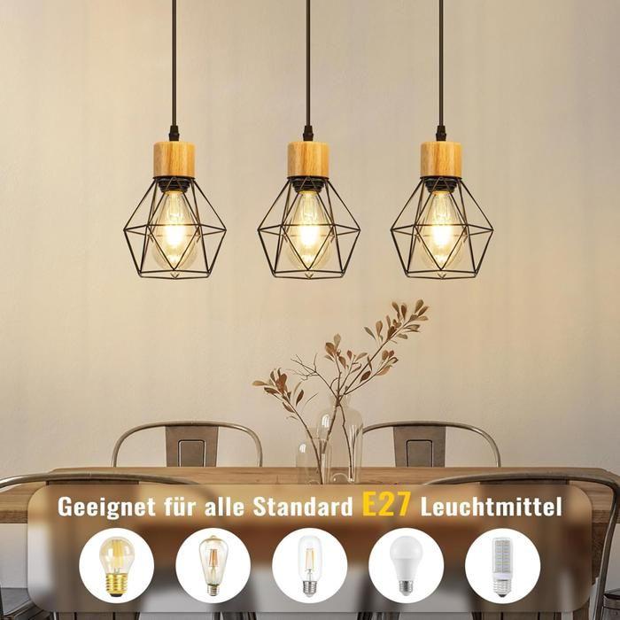 Suspension vintage - NETTLIFE - Suspension vintage - 3 ampoules E27 - Abat-jour métal noir - Pour salle à manger