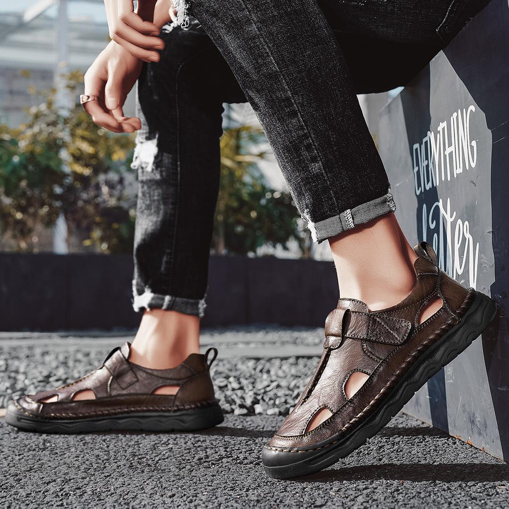 Летние мужские кожаные сандалии, дышащие, открытые, пляжные сандалии, мужская повседневная обувь