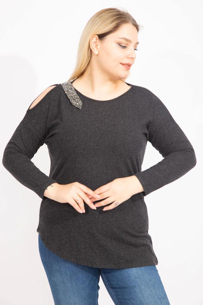 Женская блузка большого размера, зеленая блузка больших размеров на одно плечо с глубоким вырезом, украшенная камнями