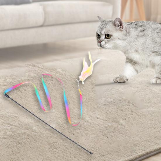 Kitten Toy Colorful Ribbon Feather Accessories Interactive Toy Cat Teaser Stick Toy