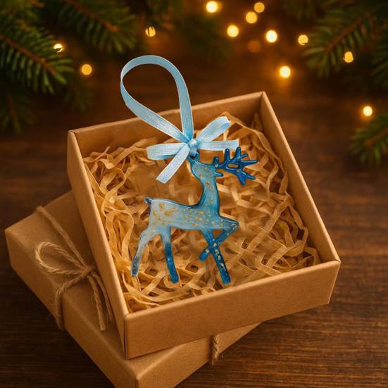 Рождественские украшения из смолы ручной работы Синий и золотой олень Снежинка Украшение для рождественской елки с подвесными лентами Винтажный праздничный сувенир