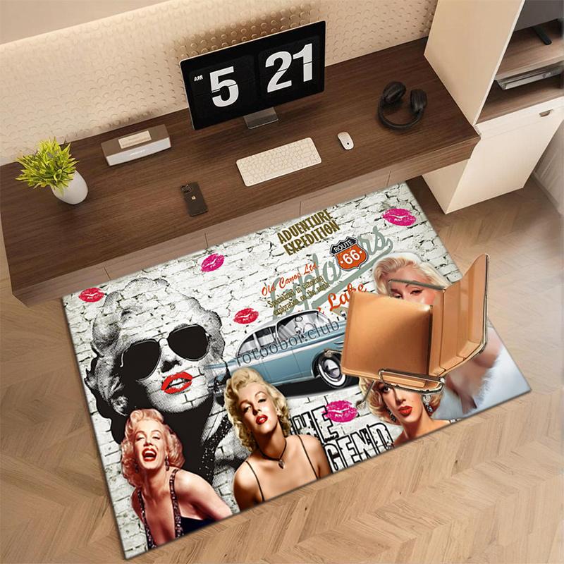 Famous Sexy Goddess Marilyn Monroe Carpet-Soft Polyester Floor Mat with Vintage Car Design,Pink&White Checkered Pattern,Perfect f