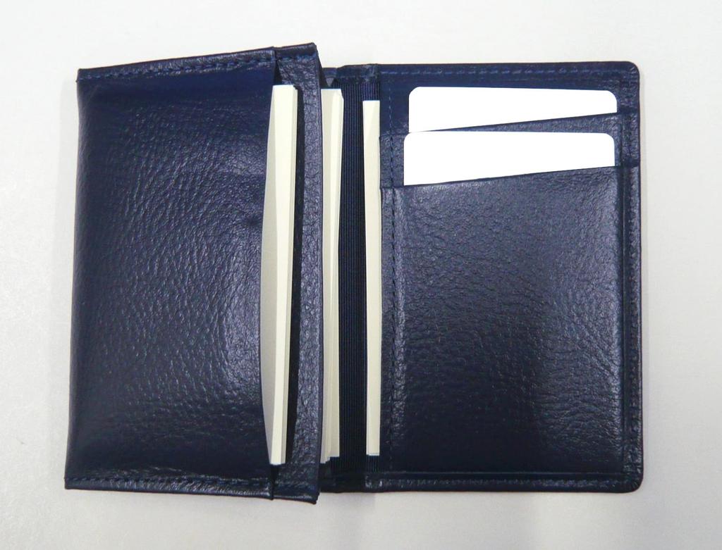 Blue Grained Leather Business Card Holder with Slide Measuring Smartphone Touch and Metal Cap Ballpoint Pen Extra Set Stick, Function, (Blue