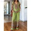 Bohemian peacock feather print set: women's vintage V-neck top + wide-leg pants, vacation-style loose two-piece set