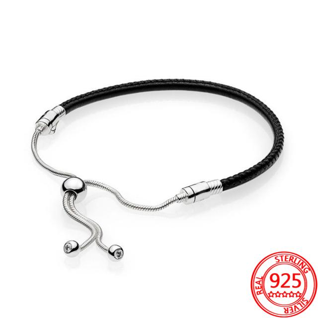 Genuine 925 Sterling Silver Moments Four Style Snake -Shaped Chain Sliding Bracelet Leather Bracelet Wedding Party Girl Jewelry