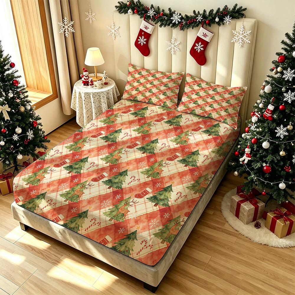 3PCS Plaid Reindeer Christmas Tree Print Bedding Set 1 Bedspread 2 Pillowcases No Insert Soft Machine Washable Xmas Bedroom H