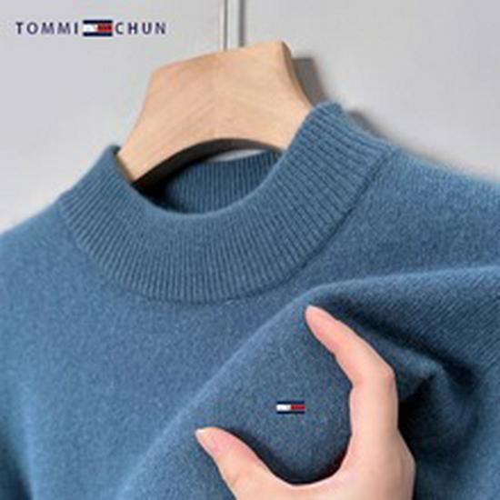 Оригинальный мужской джемпер Tommy из кашемира с длинным рукавом - Однотонный, с вышивкой, с воротником, большого размера, универсальный вязаный базовый слой.