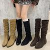 Cowhide Version But Knee High Boots Children's Long Boots Pointed Thick Heel Pleated Pile Boots Western Cowboy Knight Boots