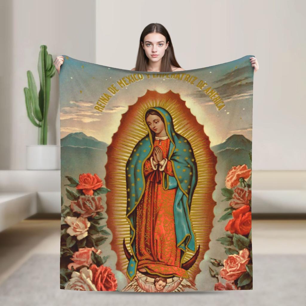 Our Lady of Guadalupe Mexican Virgin Mary Blanket Cover Flannel Christian Catholic Warm Throw Blankets for Bedroom Sofa Bed Rug
