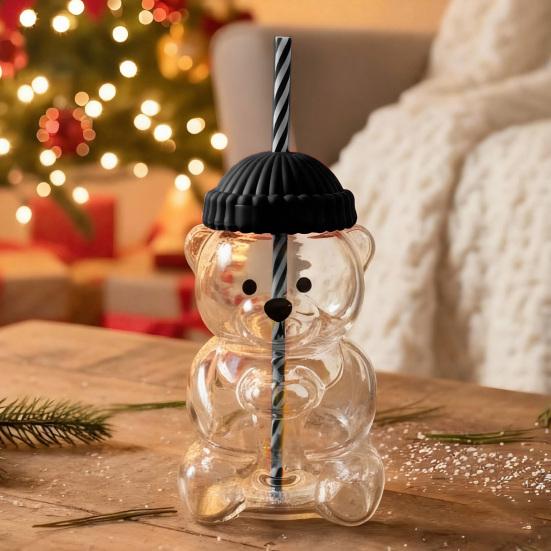 Bear Glass with Straw Thermal Resistant Cup for Coffee Beer Cocktails Cute Drinking Glass for Hot & Cold Beverages