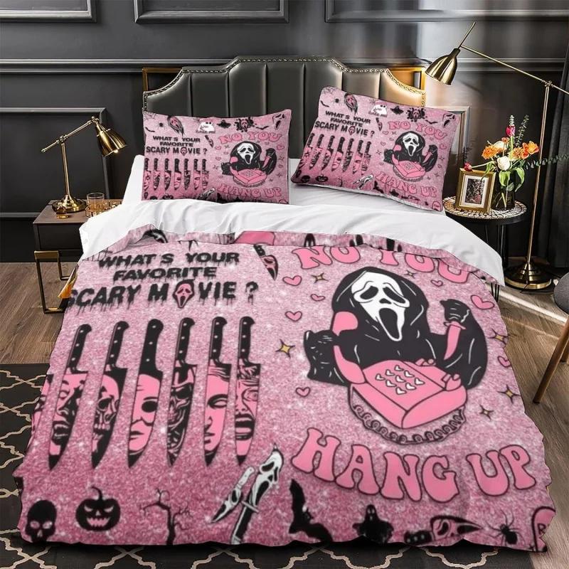 Halloween Bedding Set 3/4-pcs Pink Cartoon Skeleton Duvet Set Funny Horror Ghost 2 pillowcases1 bed sheet and 1 duvet cover